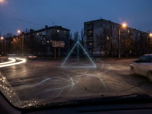 Аномальний світний трикутник на нічному перехресті проспекту Аношкіна та вулиці Чапаєва в Кам'янському, вид з автомобіля
