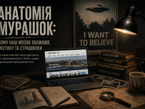 Атмосферний стіл журналіста в темній кімнаті під лампою, на якому лежить ноутбук із сайтом Kamianske-City та стос книг про міські легенди, фольклор і психологію страху, на стіні постер «I want to believe».