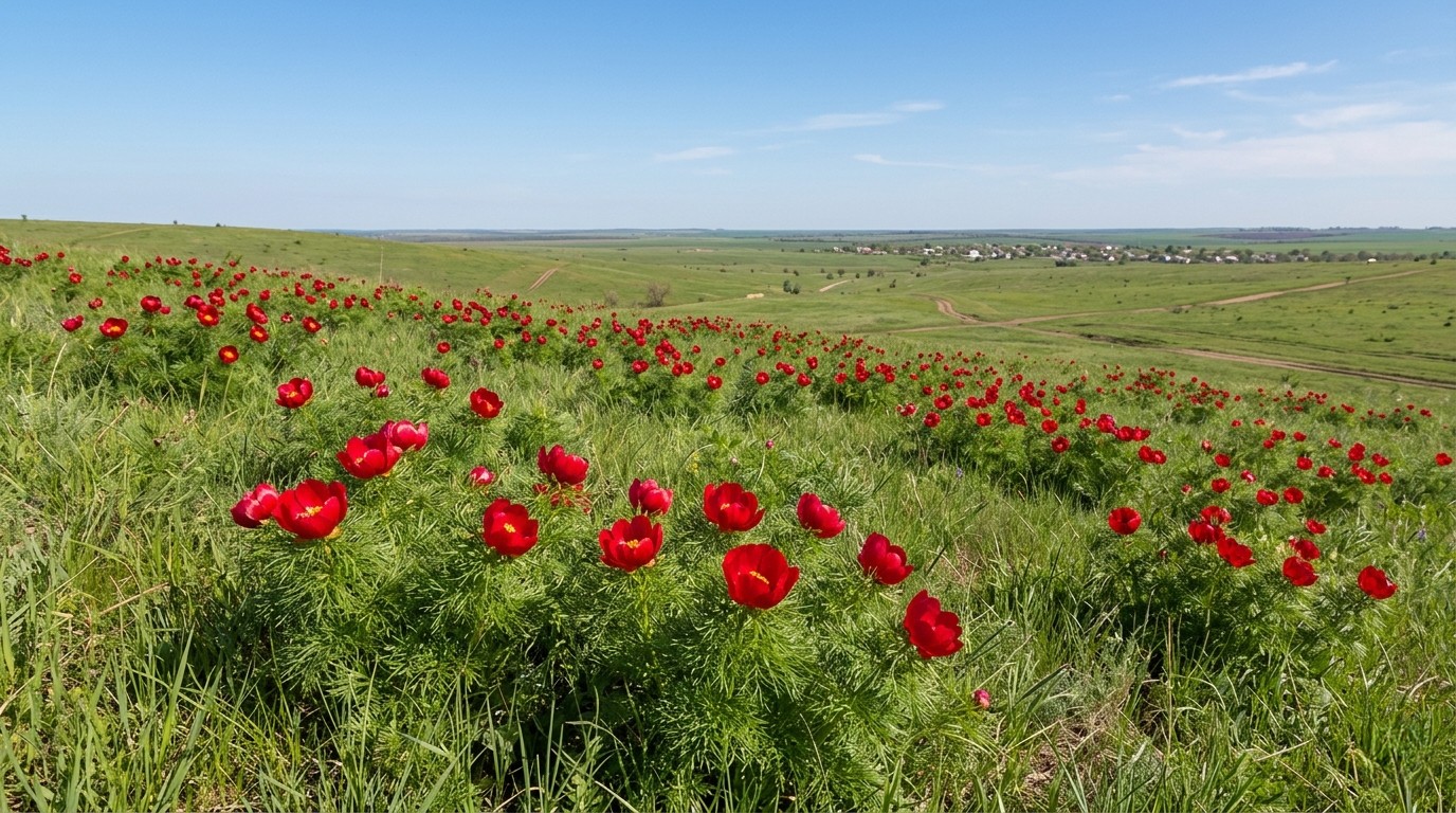 масове цвітіння рідкісної півонії вузьколистої