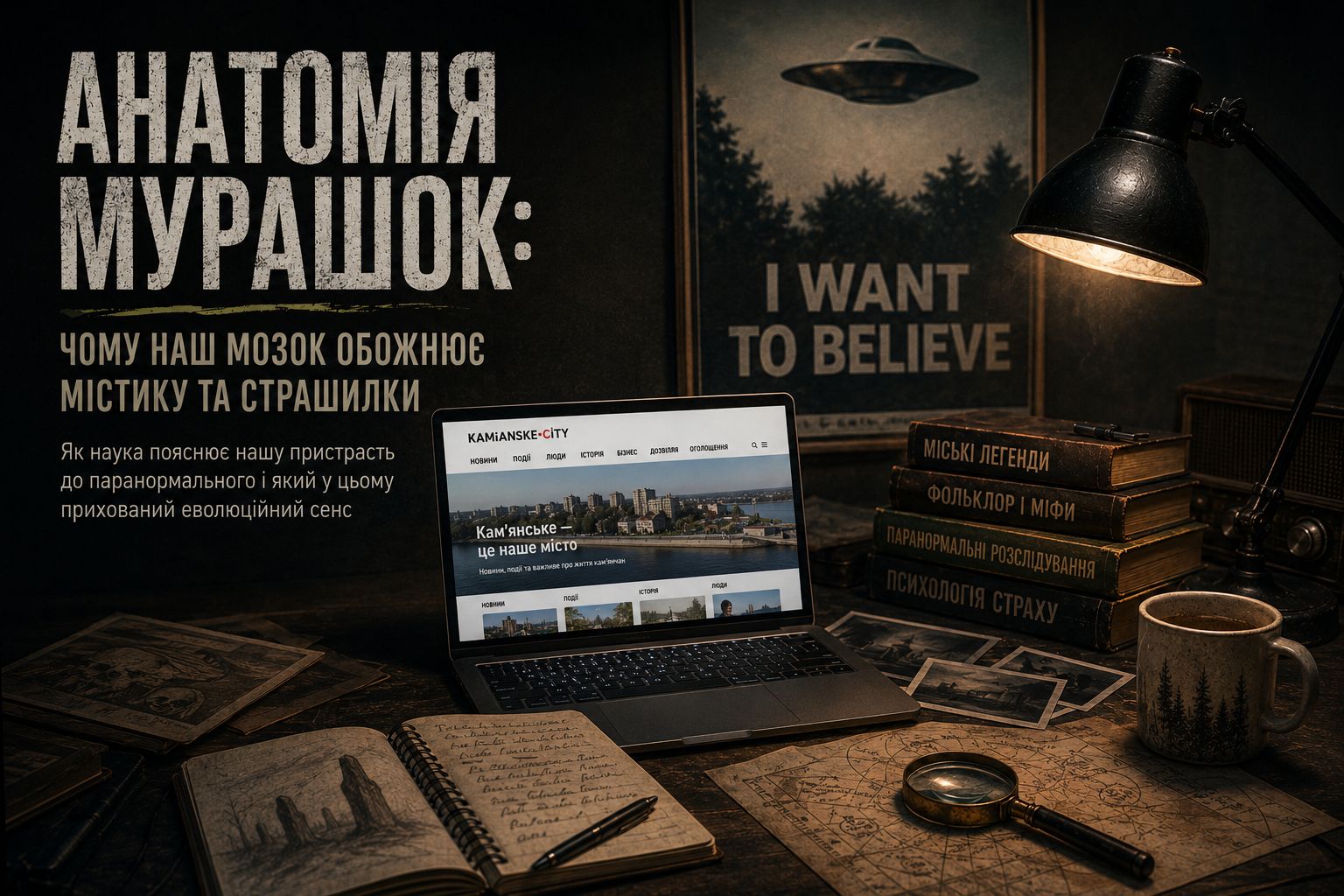 Атмосферний стіл журналіста в темній кімнаті під лампою, на якому лежить ноутбук із сайтом Kamianske-City та стос книг про міські легенди, фольклор і психологію страху, на стіні постер «I want to believe».