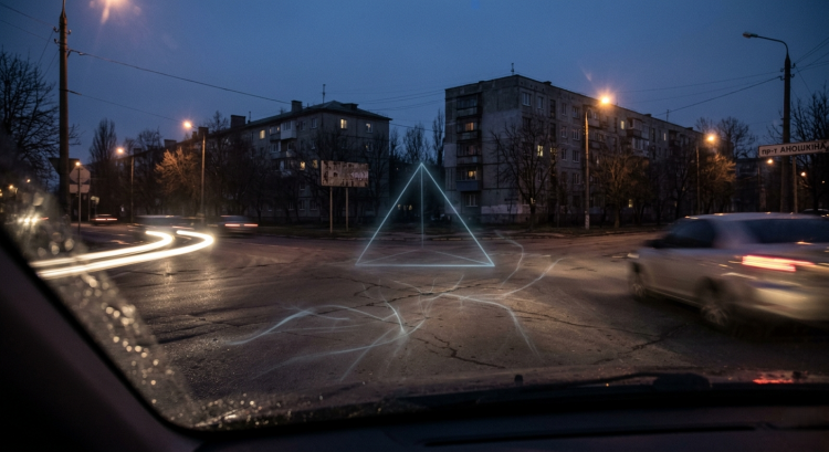 Аномальний світний трикутник на нічному перехресті проспекту Аношкіна та вулиці Чапаєва в Кам'янському, вид з автомобіля