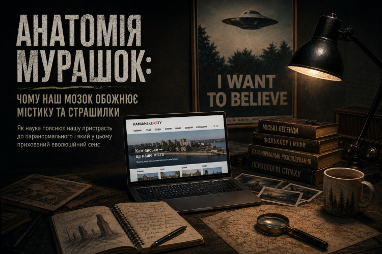 Атмосферний стіл журналіста в темній кімнаті під лампою, на якому лежить ноутбук із сайтом Kamianske-City та стос книг про міські легенди, фольклор і психологію страху, на стіні постер «I want to believe».